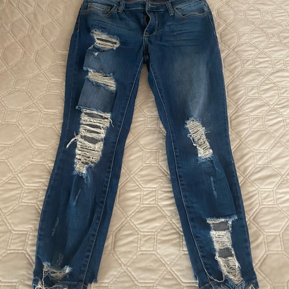 Fashion Nova medium denim, low rise distressed jeans